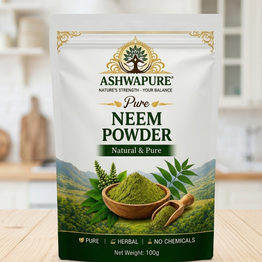Buy AshwaPure 100% Natural Neem Powder (100g). A powerful Ayurvedic blood purifier and face mask for acne-prone skin. GMP certified and lab tested.