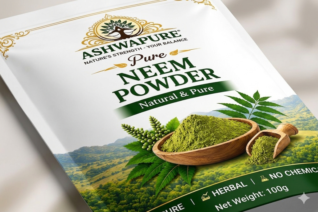 Buy AshwaPure 100% Natural Neem Powder (100g). A powerful Ayurvedic blood purifier and face mask for acne-prone skin. GMP certified and lab tested.