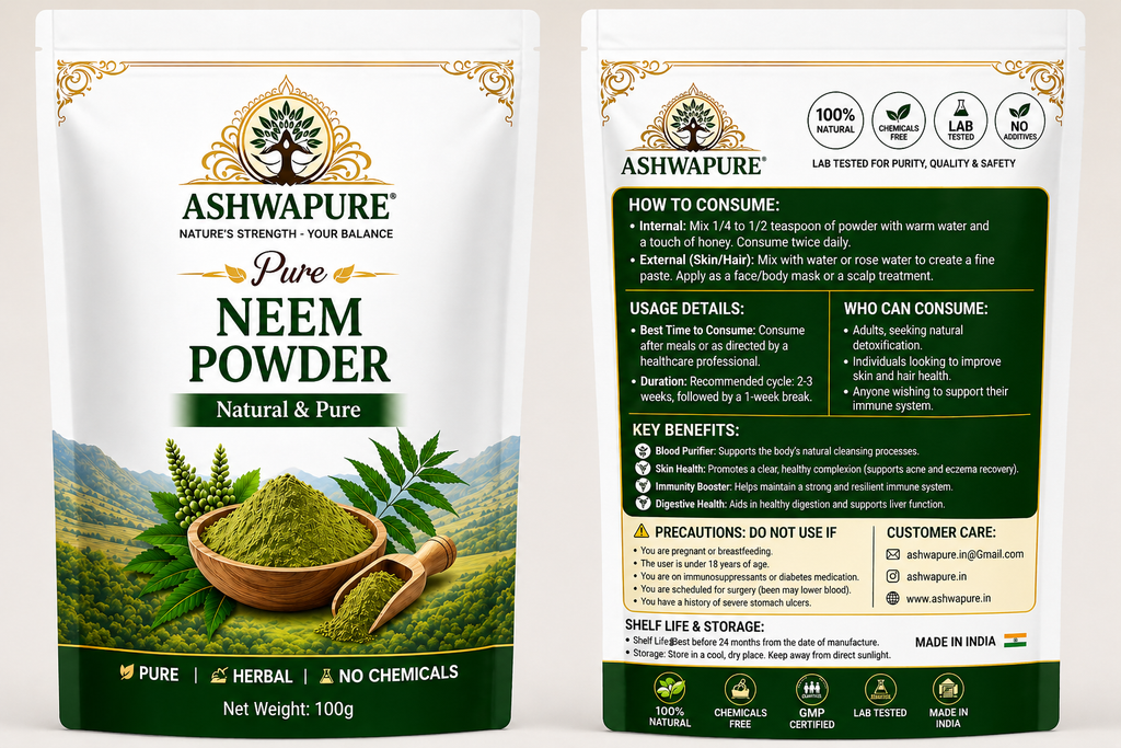 Buy AshwaPure 100% Natural Neem Powder (100g). A powerful Ayurvedic blood purifier and face mask for acne-prone skin. GMP certified and lab tested.