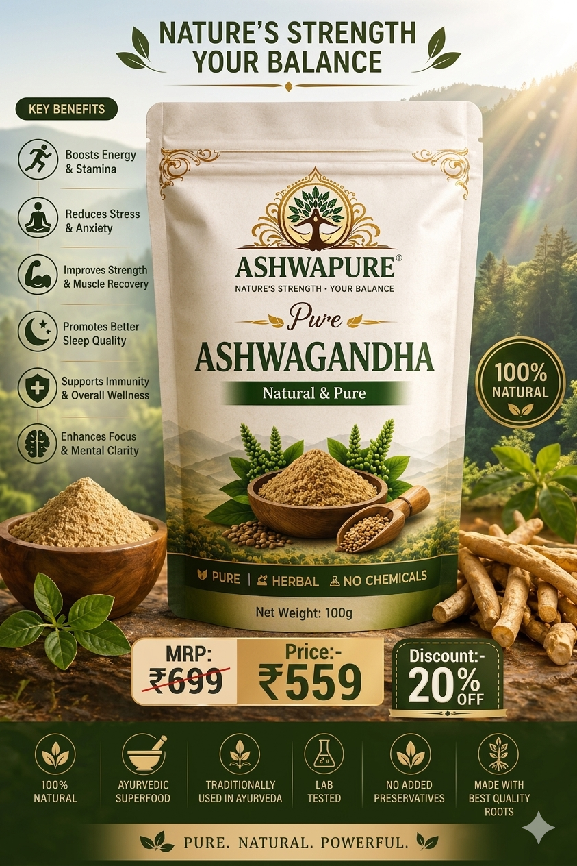 Ashwapure Premium Ashwagandha Powder (100g) – 100% Pure, Chemical-Free
